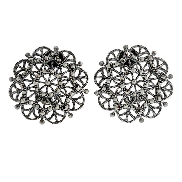 Vintage Thailand SLC Sterling Silver 925 Geometric Marcasite Clip On Earrings - Picture 4 of 5